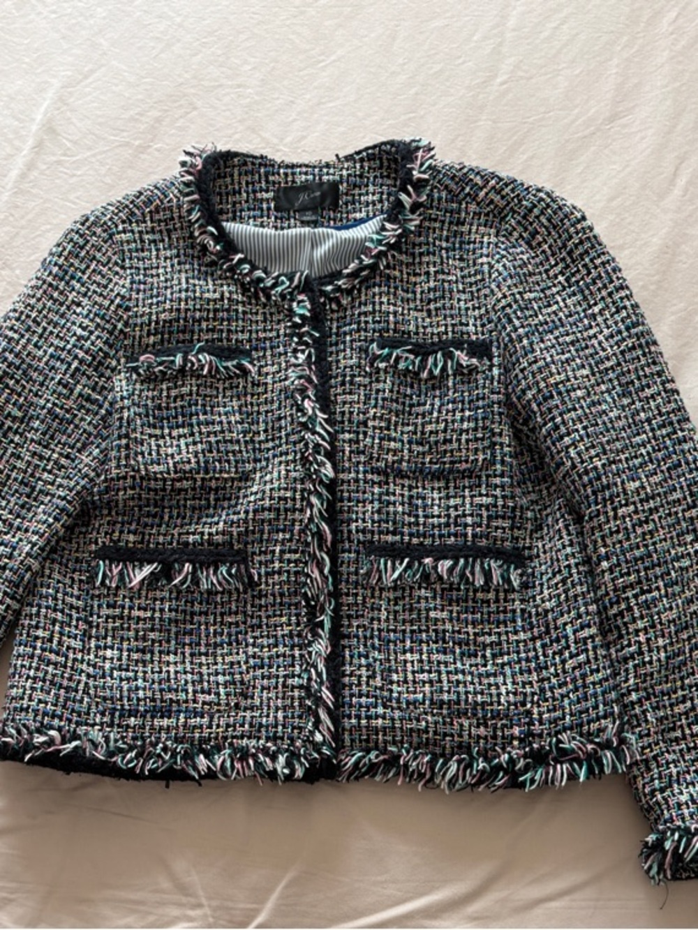 J. Crew Black Multicolor Tweed Fringe Jacket